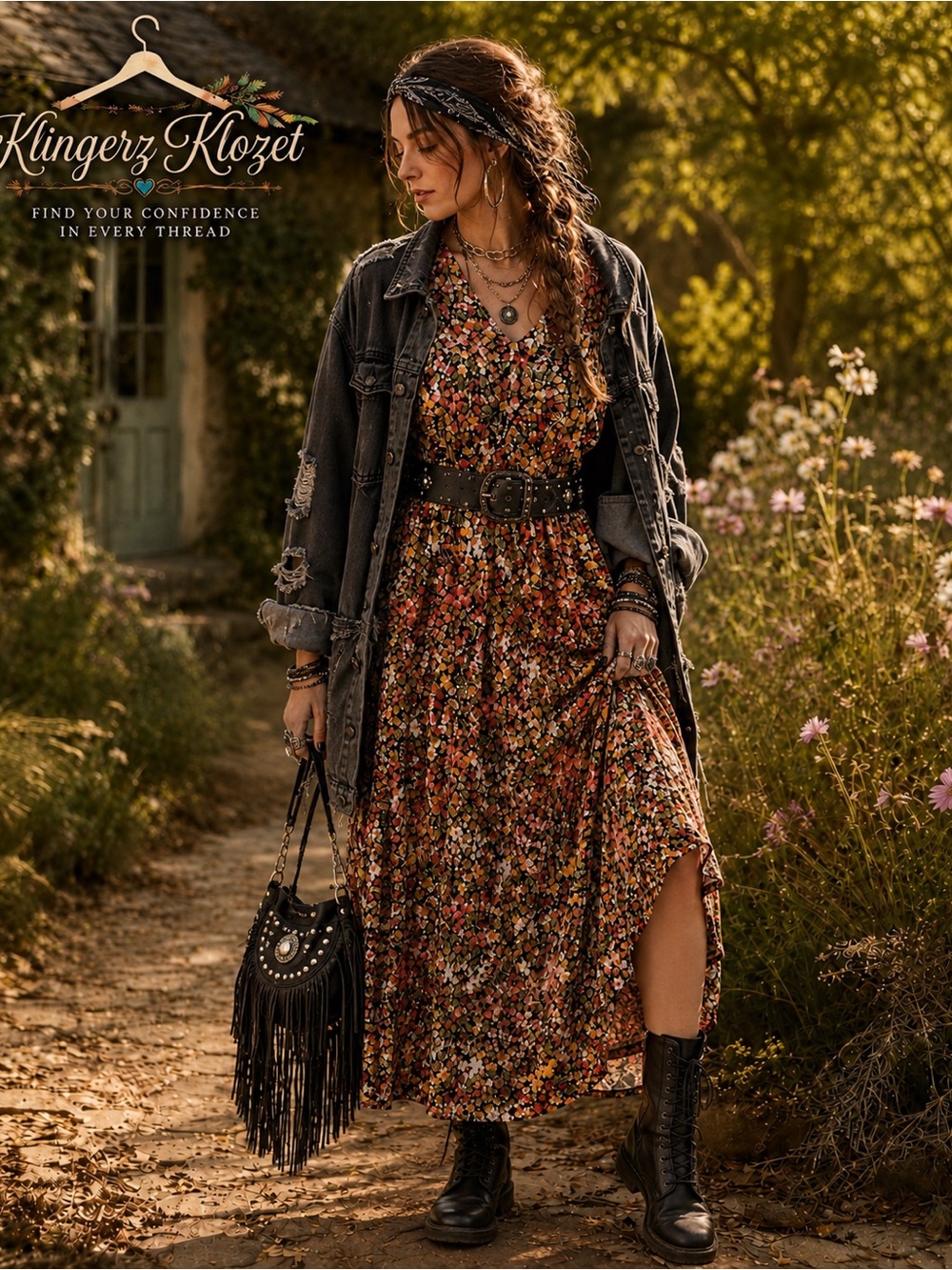 Emma & Michele Black Floral V-Neck Long Sleeve Maxi Dress